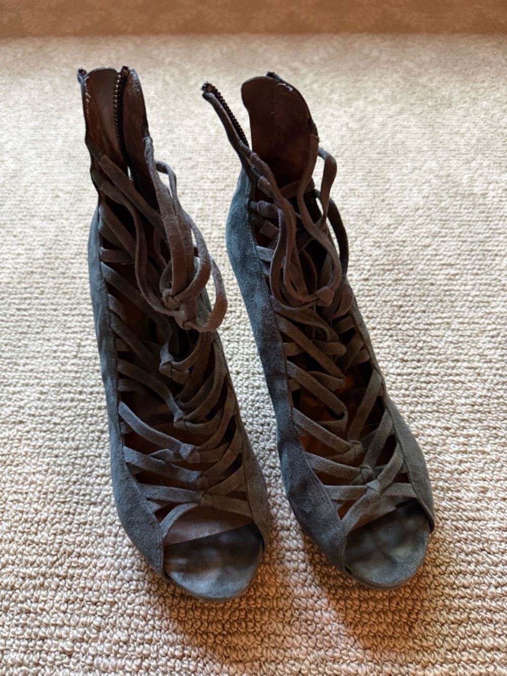 b. makowsky Gray Suede Lace-Up Peep Toe Heels